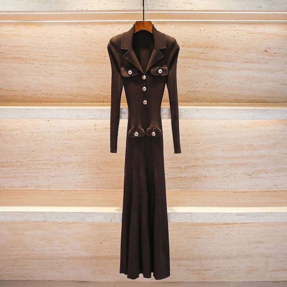 Stretch Slim Knit Dress Temperament Elegant Metal Buttons Decorated V-Neck Long-Sleeved Women's Dresses Spring New Mdng260306