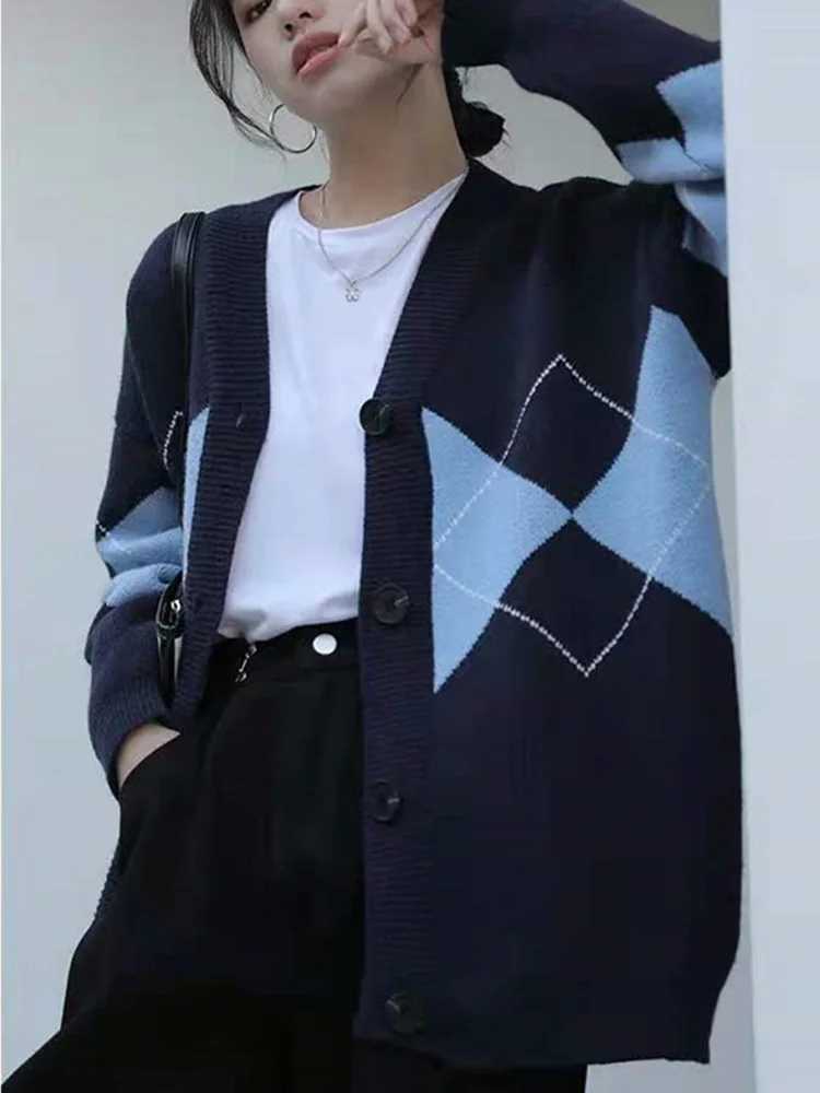 Winter Women Long Sleeve Geometric Cardigant Sweater Autumn Casual Loose Botton Knitted Coat Elegant Casual CloTHes M260306
