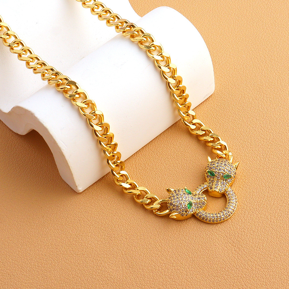 necklace new fashion trend personalized hip-hop copper micro-inlaid zircon double-headed leopard necklace, adjustable punk style necklace
