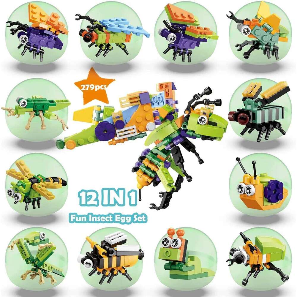 12 in 1 Pre Filled Insect Block Set-12 Pcs Mini STEM Building Blocks Toys, Classroom Prize Toys Z260306