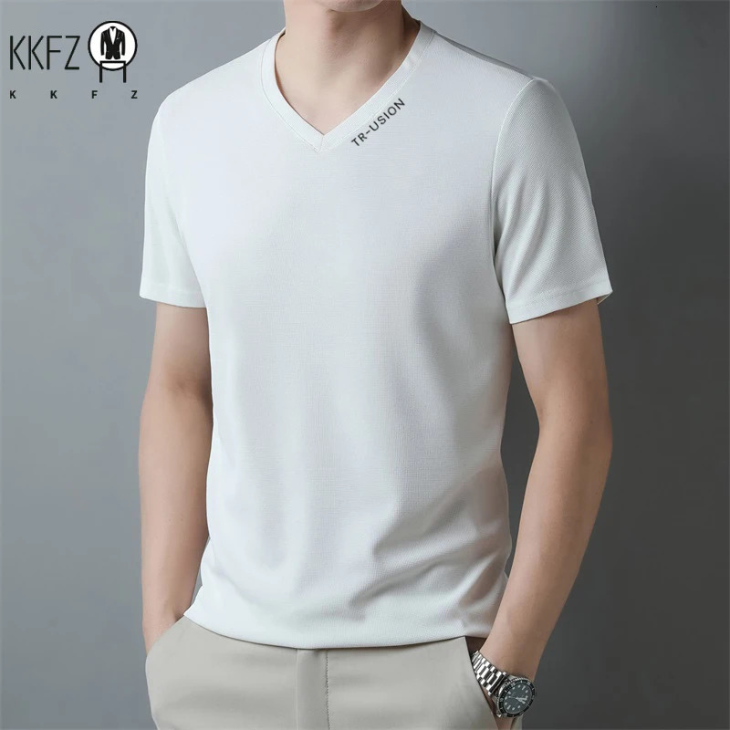Mens Casual and Fashionable Vneck Solid Color Short Sleeved Tshirt Breathable Comfortable Summer Versatile Top 260302