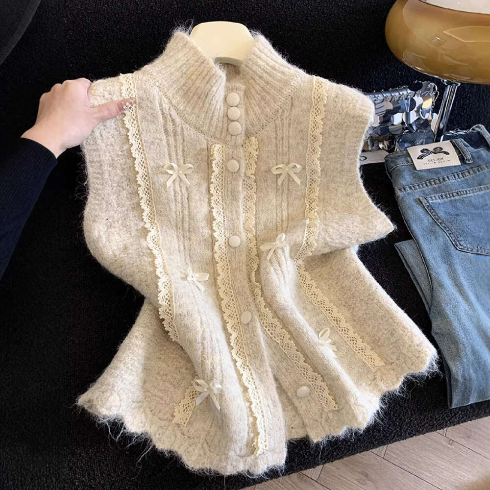Lace Trimmed Half-High Collar Knit Vest for Women, Designer Spring Layered Soft Sleeveless Waistcoat, Trendy A10322
