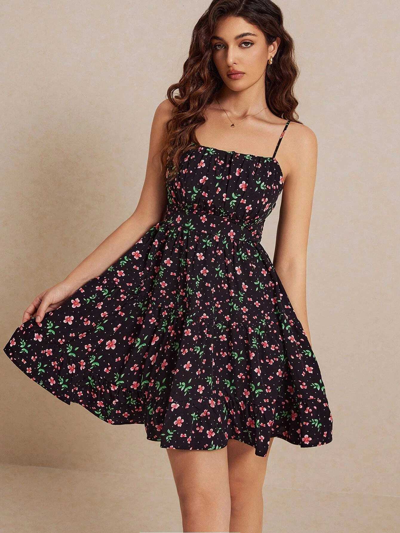 Elegant Floral Slim-Fit Ruched Cami Dress Exquisite Craftsmanship Versatile Perfect for Daily Commute Dates Trips X260306