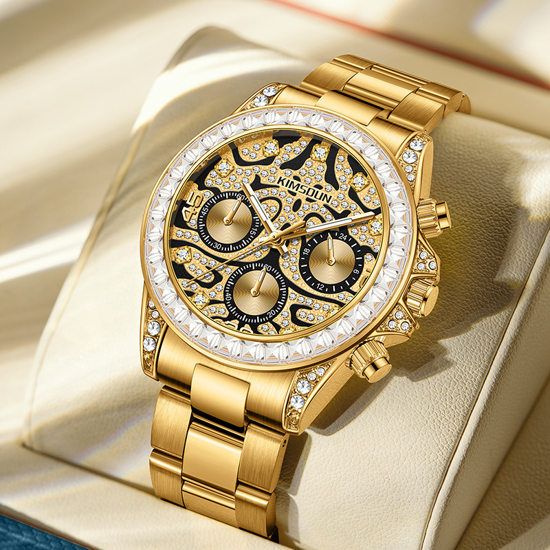 Designer Luxury Gold Tone Men Watch Moissanite Dial Fashion Dress Style Waterproof Luminous Quartz Wristwatch Best Gift for Men Relogio