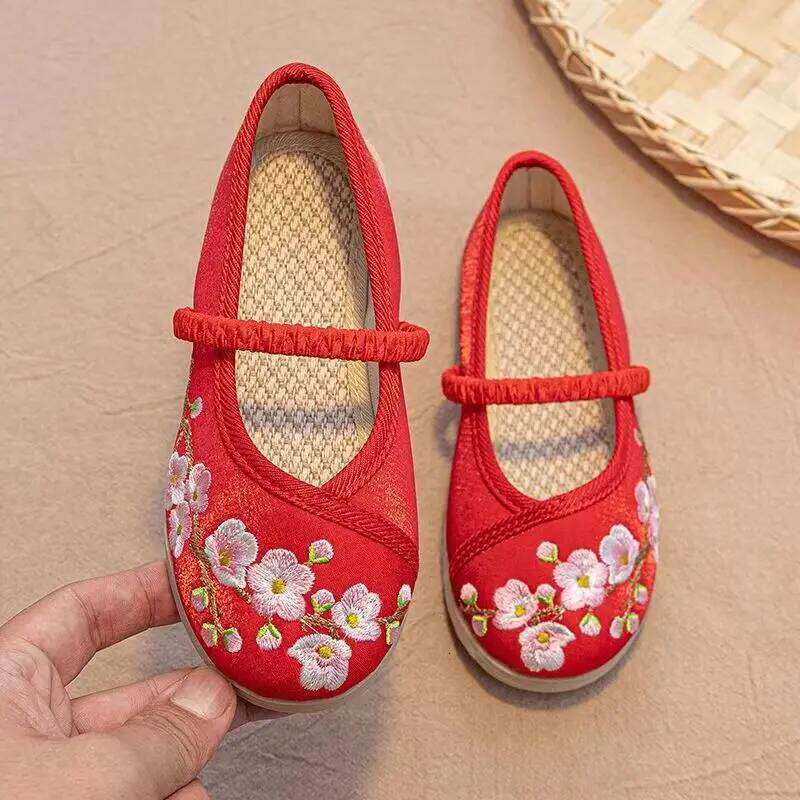 New Children's Ethnic Style Embroidered Canvas Rubber Sole Linen Insole Round Toe Slip-On Light Girls Vintage Hanfu Shoes 26H0306