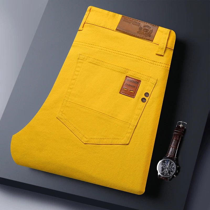 2025 Autumn Mens Elastic Colorful Jeans Breathable Casual Straight Fitted Solid Color Denim Pants Korean Fashion Trousers 260228