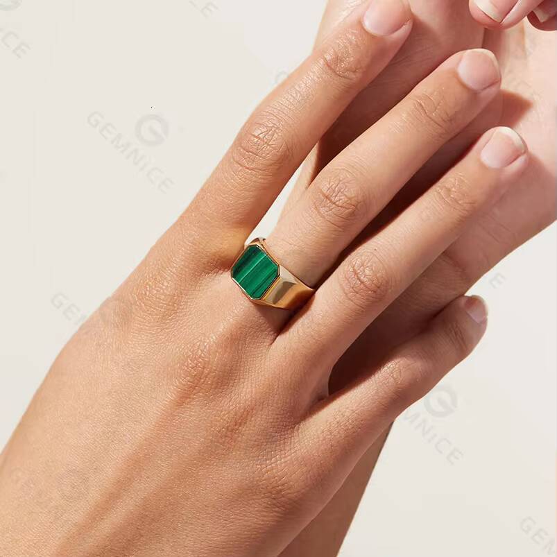 Gemnel Men New Gold Jewelry 925 Sterling Silver Malachite Signet Rings
