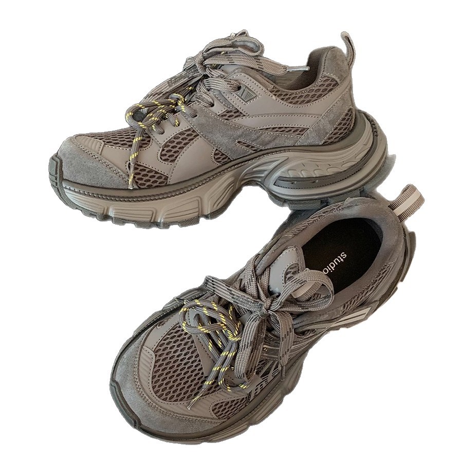 Leather Edition~2026 Spring Hot Trendy Single inside Crooked Head Double Lace Splicing Mesh Thick Bottom Casual Dad Shoes