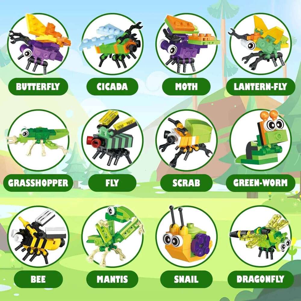 12 in 1 Pre Filled Insect Block Set-12 Pcs Mini STEM Building Blocks Toys, Classroom Prize Toys Z260306
