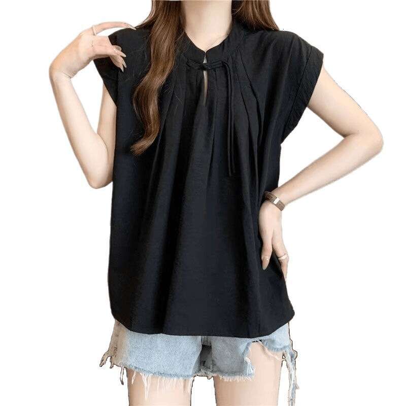 Loose Fit White ort Sve irt New Chinese Sle Women's Summer Top Zen Design Sensation National Trend Loose Upperwear