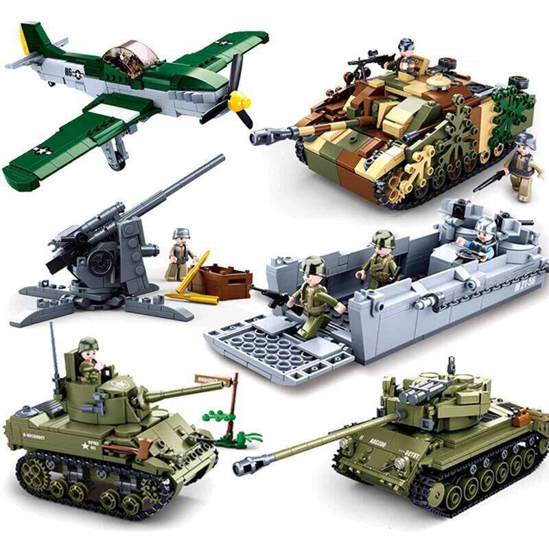 SLUBAN WW2 Military Normandy Landing Tank Aircrafts Jeep Boat Model Building Blocks Soldier Sets Dolls Brick Kids Toys Gifts Z260306