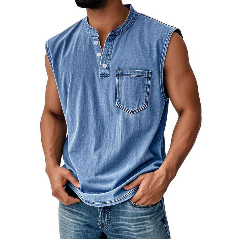 2026 European and American popular sleeveless for young men, casual trendy open-front T-shirt wholesale