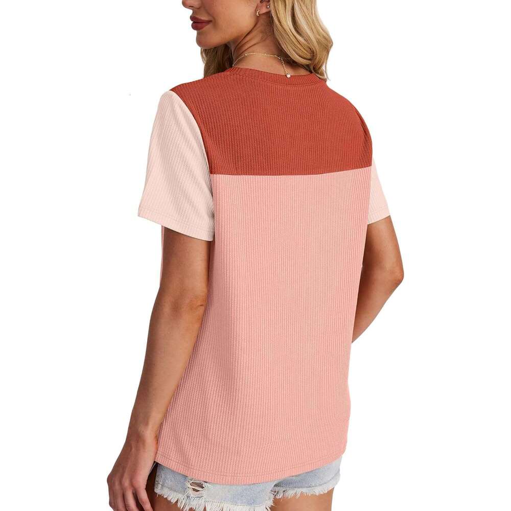 Womens Fashion 2026 Color Block Shirts Short Sleeve Crewneck Knitted Spring Designer Summer Tops Casual Trendy