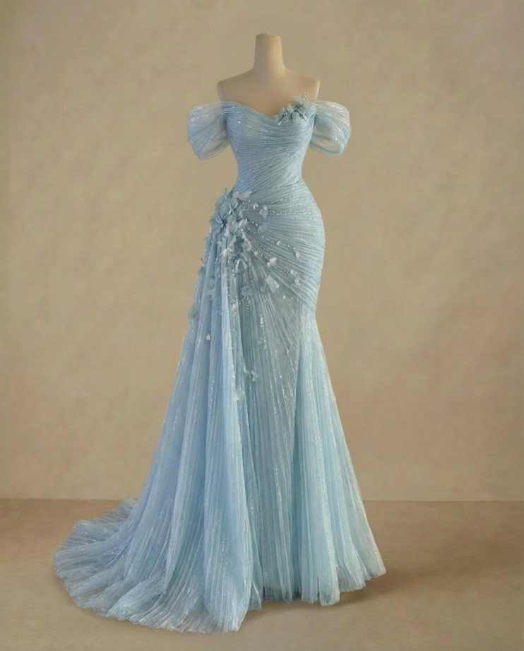 Elegant Mermaid Evening Dresses Off-Shoulder Sleeveless Crystals Pleated 3D Flower Prom Party Dresses With Train Customized