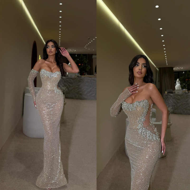 Glitter Appliques Sleeveless Evening Dresses Customized Sexy Sequined Beaded Lace Prom Dress Floor Length Party Gown