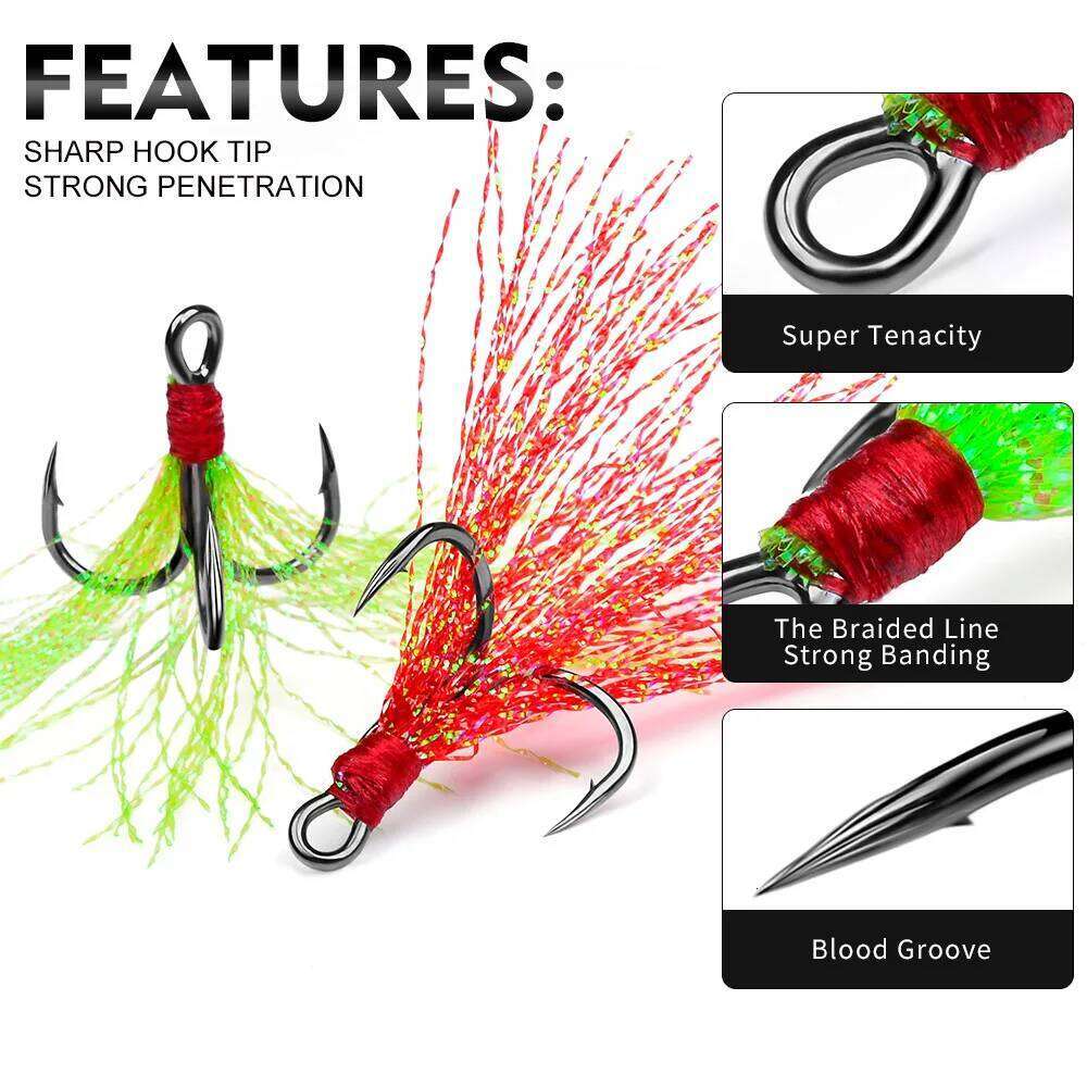 5Pcs 10Pcs Treble Hooks 4X Strength With Feather Tackle Fishing Hook Stronger Carbon Steel Barbed Fishhooks Pesca S260305