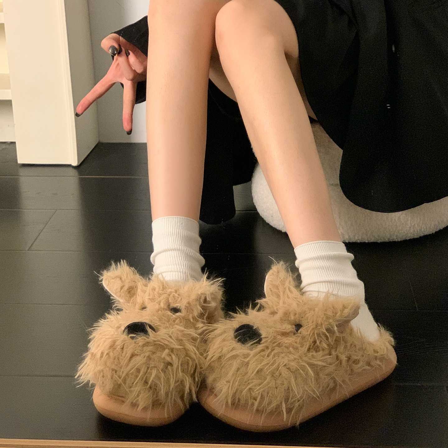Versatile Scribbled Puppy Furry Slippers for Women Outdoor Wear 2025 Autumn Winter New Thick Sole Height Increasing Warm Closed-Toe Cotton Slippers S2