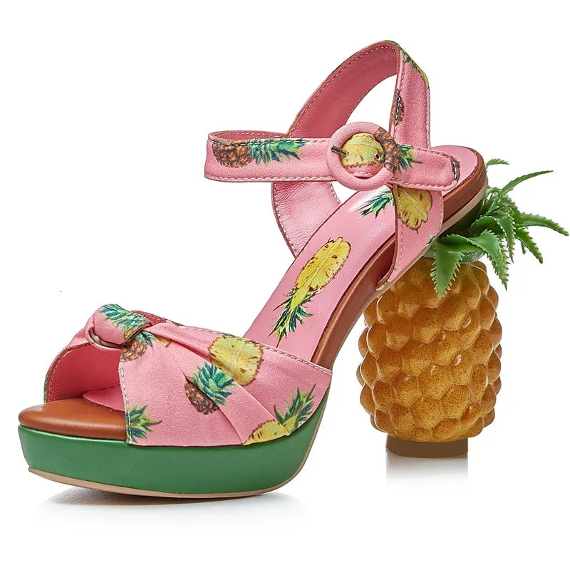 Summer Pink Pineapple Print Open-toe Platform Sandals Sweet Women High-heel Buckle Strappy Women Shoes Lovely Sandalias Mujer 260306