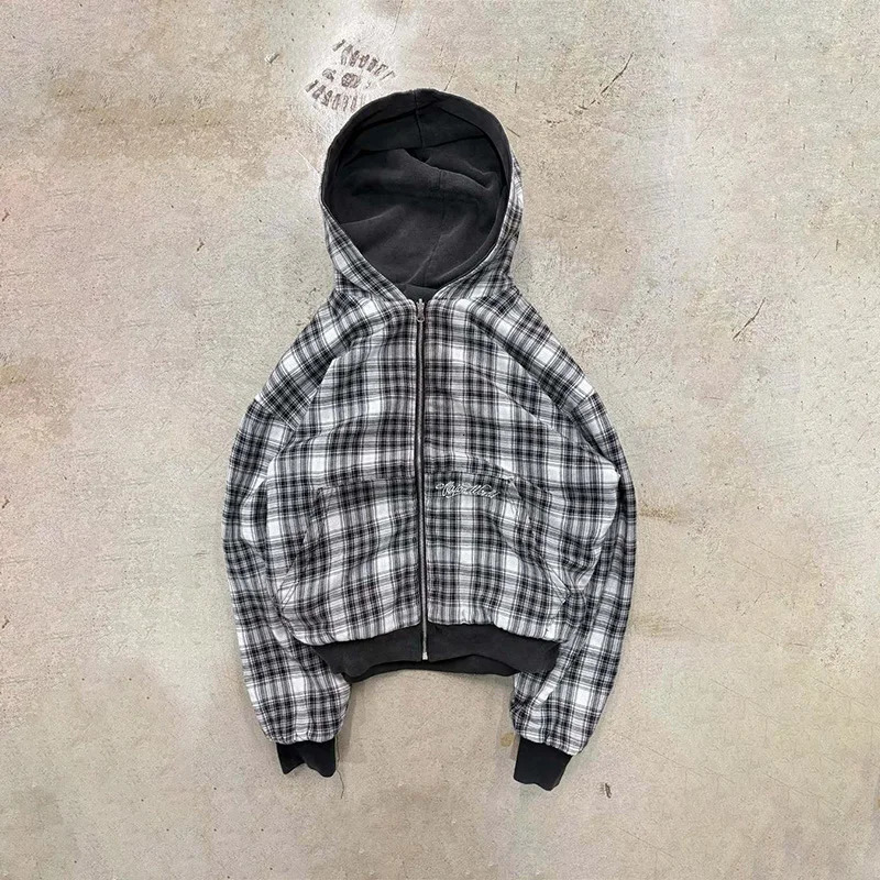 American Retro Reversible Plaid Zipper Hoodie Sweatshirt Mens Womens Casual Plaid Sweatshirt Solid Color Lining Y2K Street Style 260228