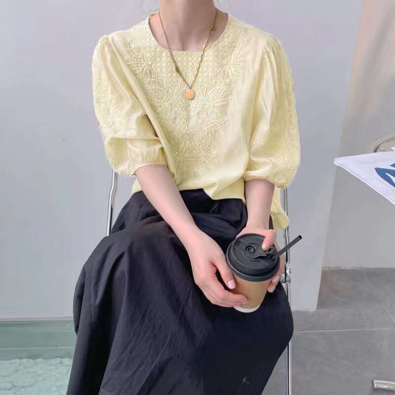 Mardi Hefxessdr Embroidered Shirt Short Sleeve Women's Bubble Sleeve Top Stylish Casual Simple Style Summer New Arrival Chinese style shirt women