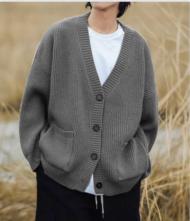 Mens autumn and winter new Japanese style cardigan sweater womens V-neCK sweater loose soft knit coat brown M260306