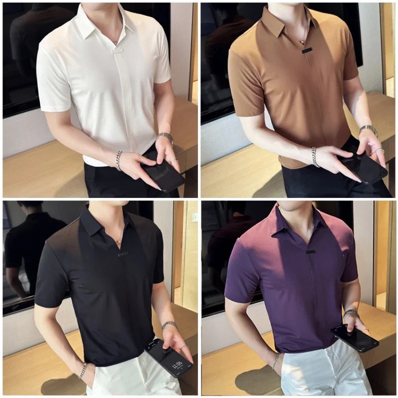 Stretchable Mens V-neck Polo Shirt High-quality Lightweight Short-sleeve T-shirt Slim-fit Polo Shirt Invisible Ice Silk 260304