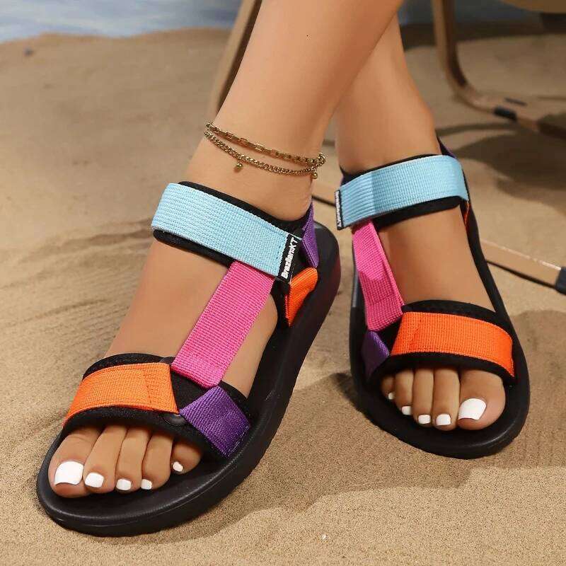 2025 Summer Colorful Climber Heel Sandals Flat Casual Wear-resistant Breathable Soft Sole Women's Beach Shoes