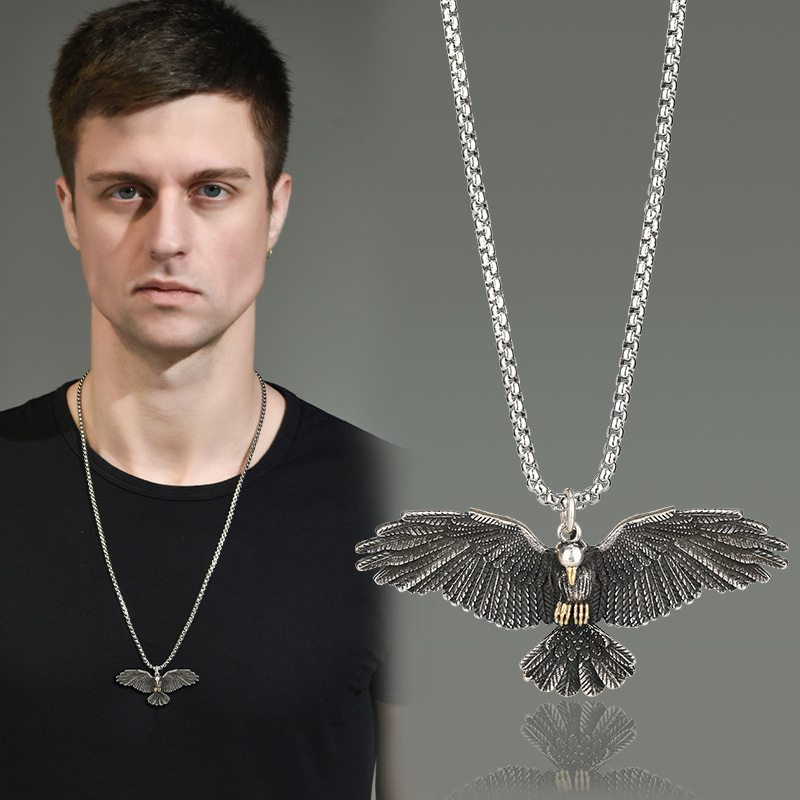 Necklace European and American Domineering Spreading Necklace Wings Cool Men's Titanium Steel Necklace Hip Hop Punk Street Trendy Pendant Necklac