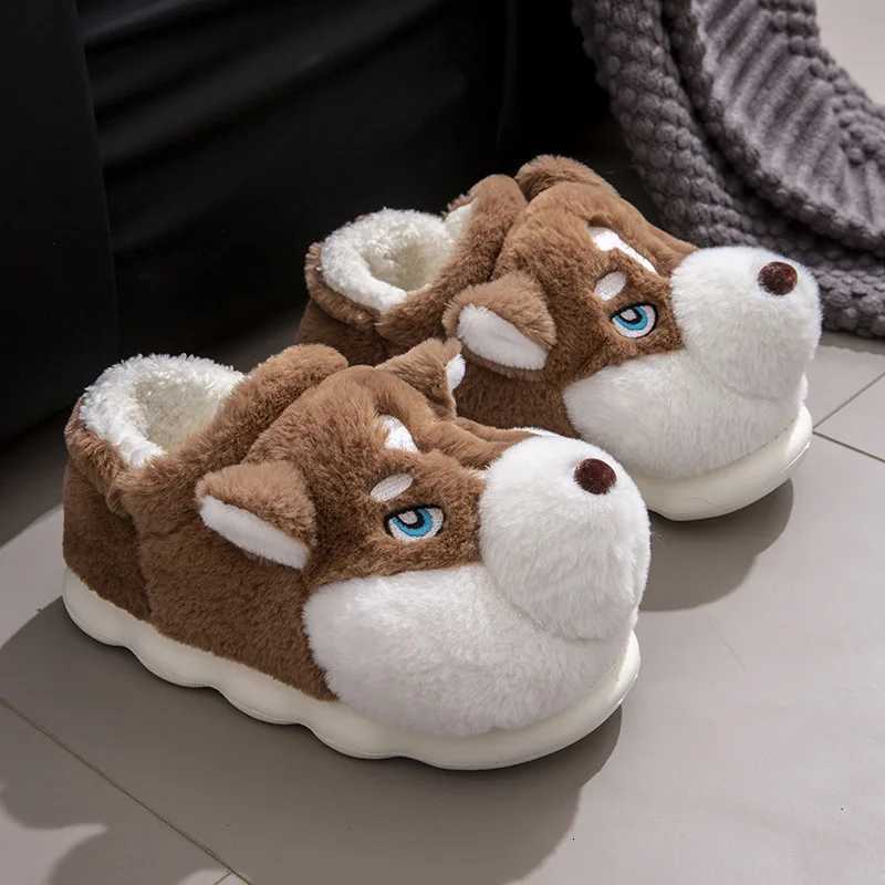 Women Indoor Cotton Slippers Cute Cartoon Dog Winter Warm Shoes Couples Home Floor Slides Anti-slip Female Male House Footwear S260305
