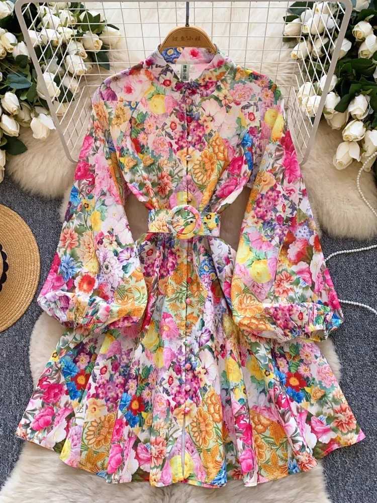 France Elegant Vintage Evening Dress Women Print Sashes Button Short Party Dress Female Casual Chic Festival Clothing New X2603061