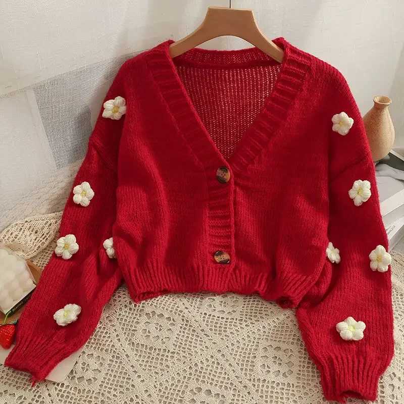 Cropped Cardigan 3D Flower V-neck Kawaii Retro Design All-match Mujer Sweater Tender Girlish Aesthetic Fall New Arrival Ulzzang M260306