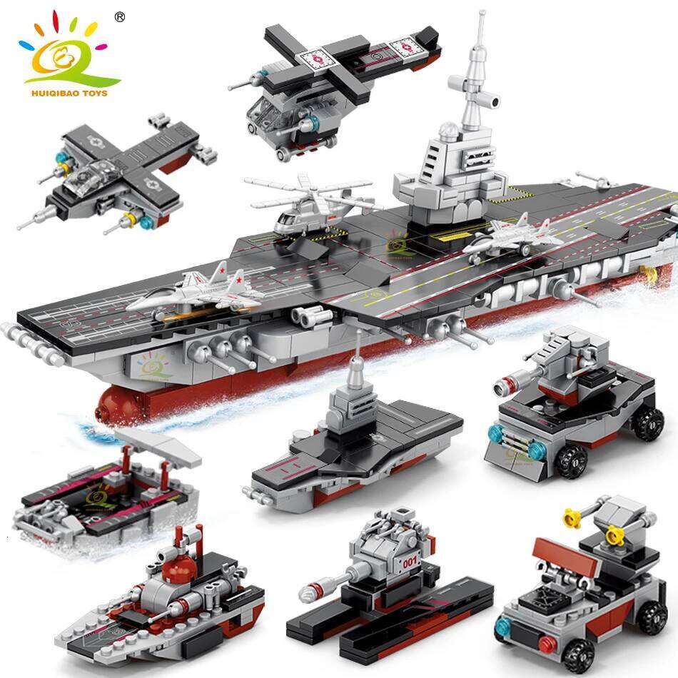 HUIQIBAO 562pcs 8in1 Military Ship Aircraft Cruiser Building Blocks Army Weapon Warship Truck Bricks City Toy for Children Gift Z260306