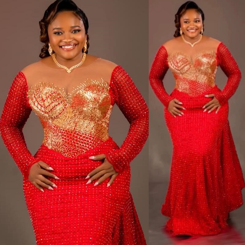 Aso Ebi Red Prom Dress 2026 Mermaid Prom Dress Beaded Crystals Sheer Neck Evening Dresses For Black Women Birthday Party Formal Receiption Gowns Dress