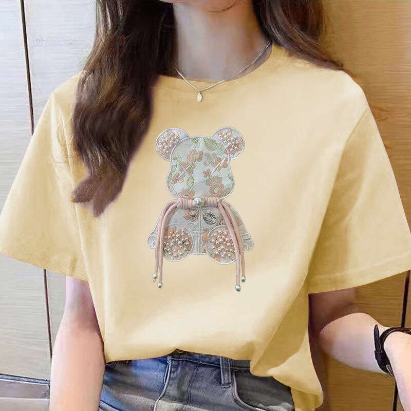 Frog button Buckle Pink Bear Beading T-shirt Heavy Handmade Diomand Shiny Bowknot Embroidery T Shirt Summer Tees Top Accessories Clothes