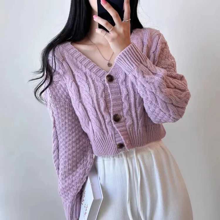 Cable Knit Crop Cardigan Sweater for Women Long Sleeve Button-up Boxy-fit Crop Sweater Jacket Teen-girl Fall Winter Y2K Outfit M260306