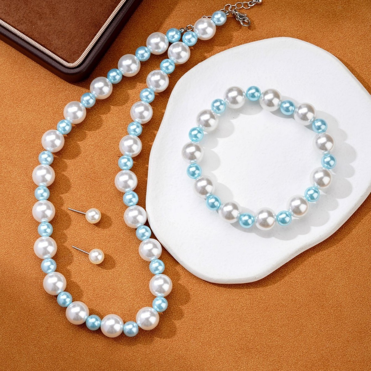 European And American Ocean-Style Lake Blue Pearl Beaded Summer Forest-Style Seaside Vacation Three-Piece Set For Women