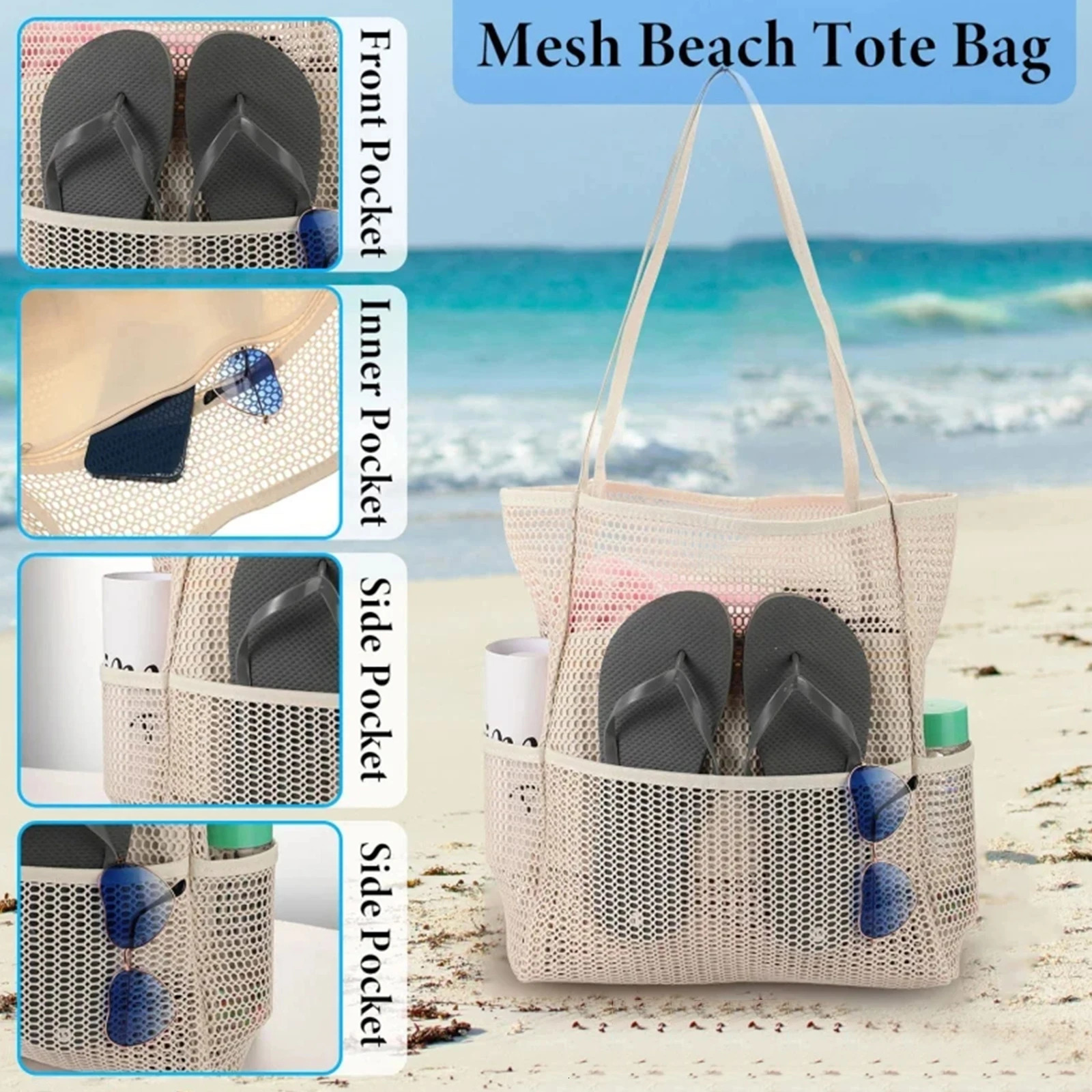 Mesh beach bag womens shoulder tote bag large capacity foldable mesh swim bag with pocket-zmt 260303