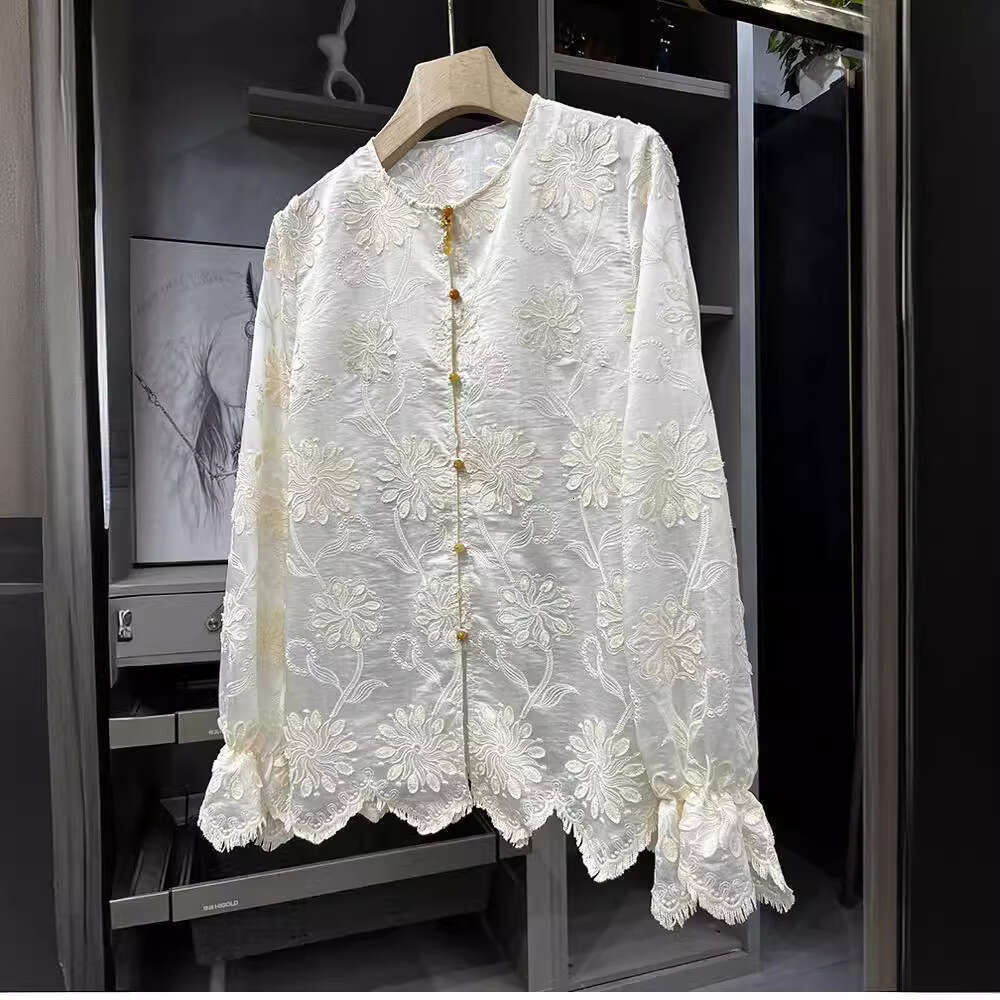Mardi Hefxessdr Women's Leisure Blouse 2026 Spring Lace Temperament Embroidered Ladies Tops Retro Fashion Lady Shirt style shirt women's clo