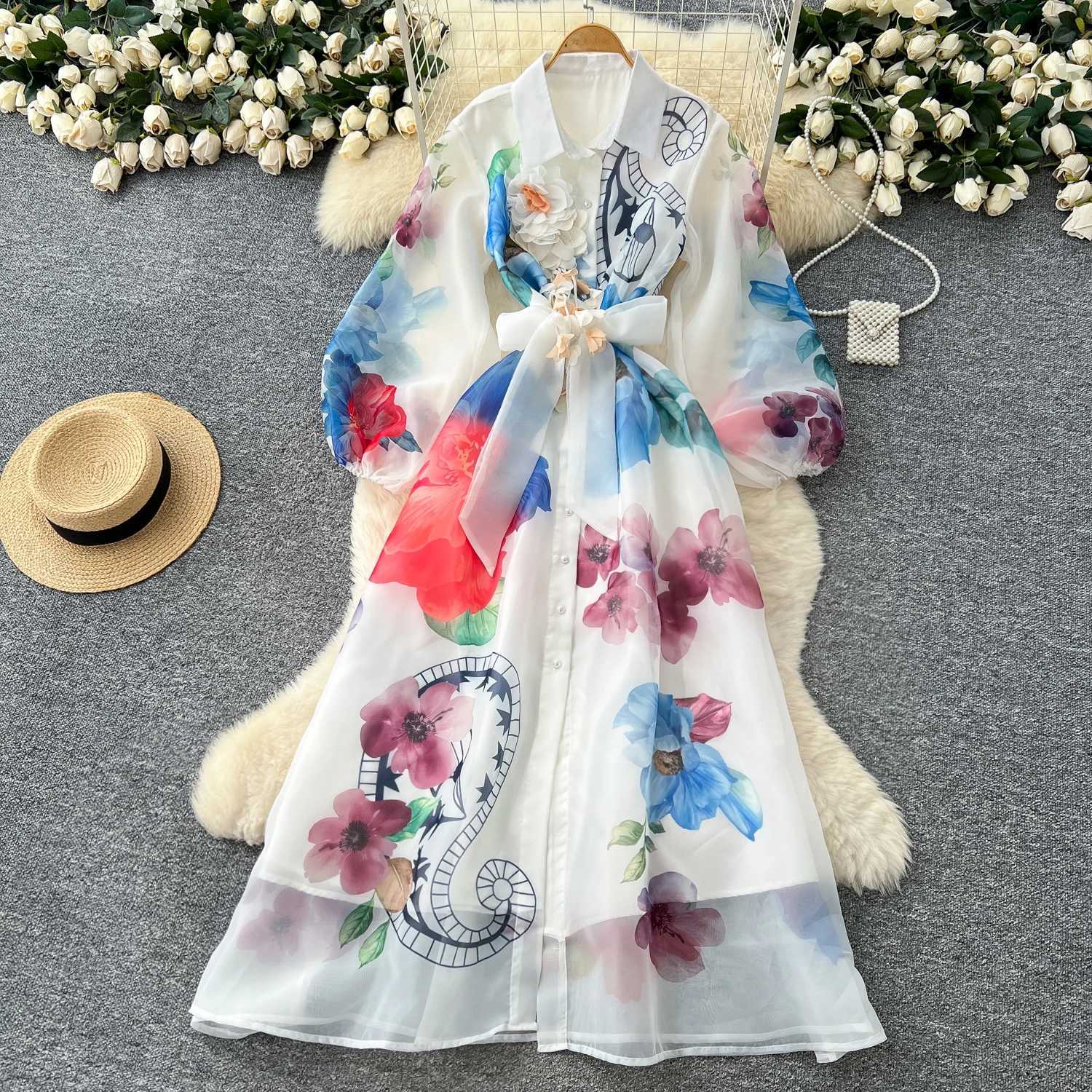 French Style Retro Court Style Print Puffed Sleeves Dress Womens Autumn Tie Strap Waist-cinching Design Long Evening Dress 2025 X260306