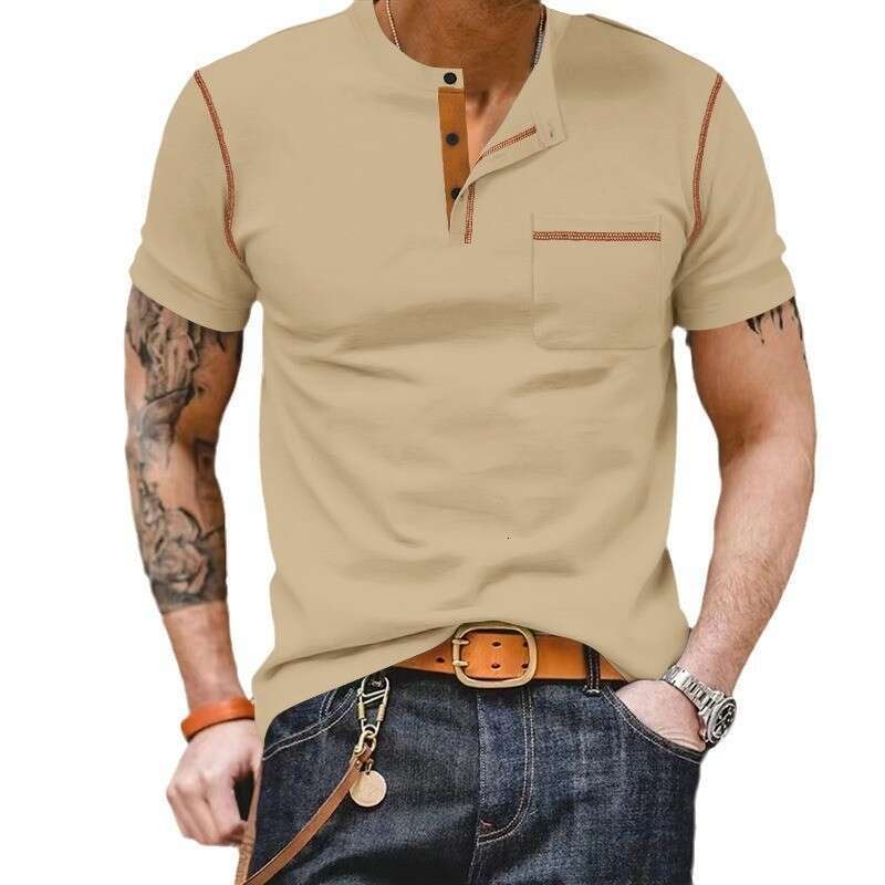 2025 European and American Cross-Border Short Sleeve Summer Foreign Trade Men's Henley Shirt Amazon Color Block T-Shirt Wholesale for Men