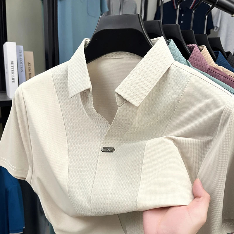 Personality jacquard splicing short sleeve Polo shirt men ice silk breathable high quality fashionable buttonless V-neck T-shirt 260304