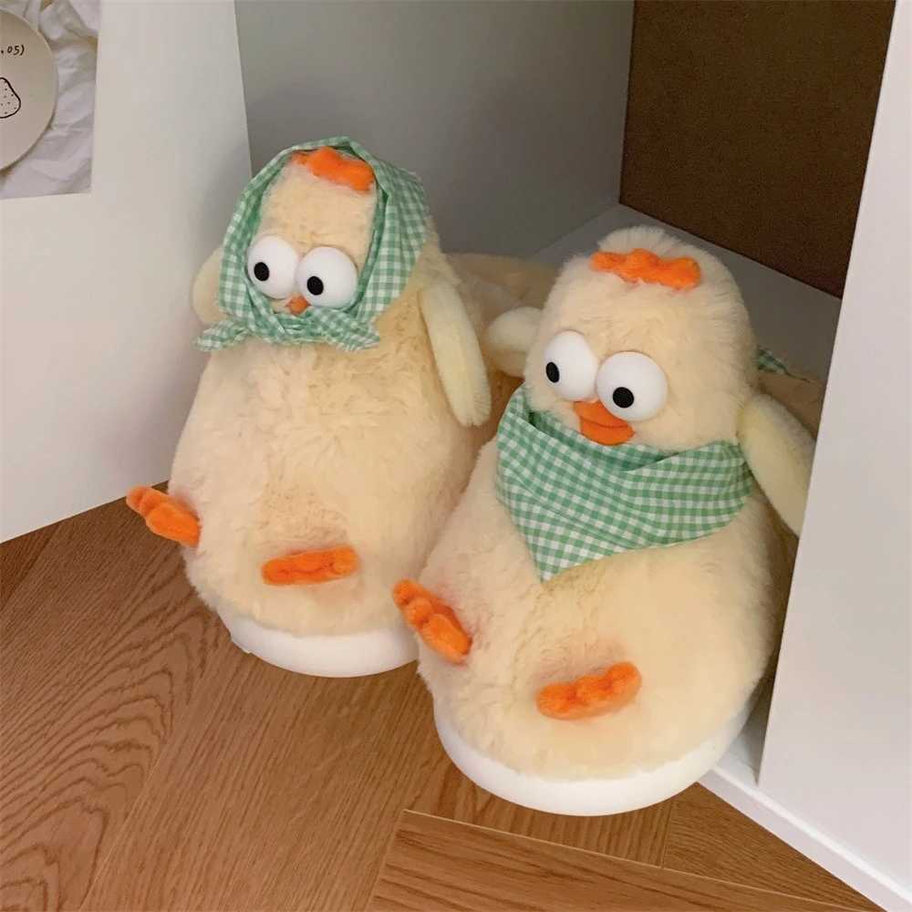 Women Indoor Fluffy Slippers Cute Cartoon Chicken Winter House Shoes Warm Plush Anti-slip Female Home Floor Cotton Slides S260305