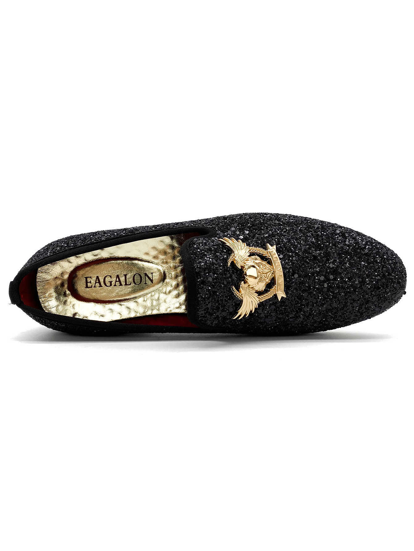 Men's Black Glitter Loafers Sparkly Sequined Slip-On Dress Shoes with Gold Eagle Emblem Luxury Formal Wedding Party Evening Shoes with Red Sole