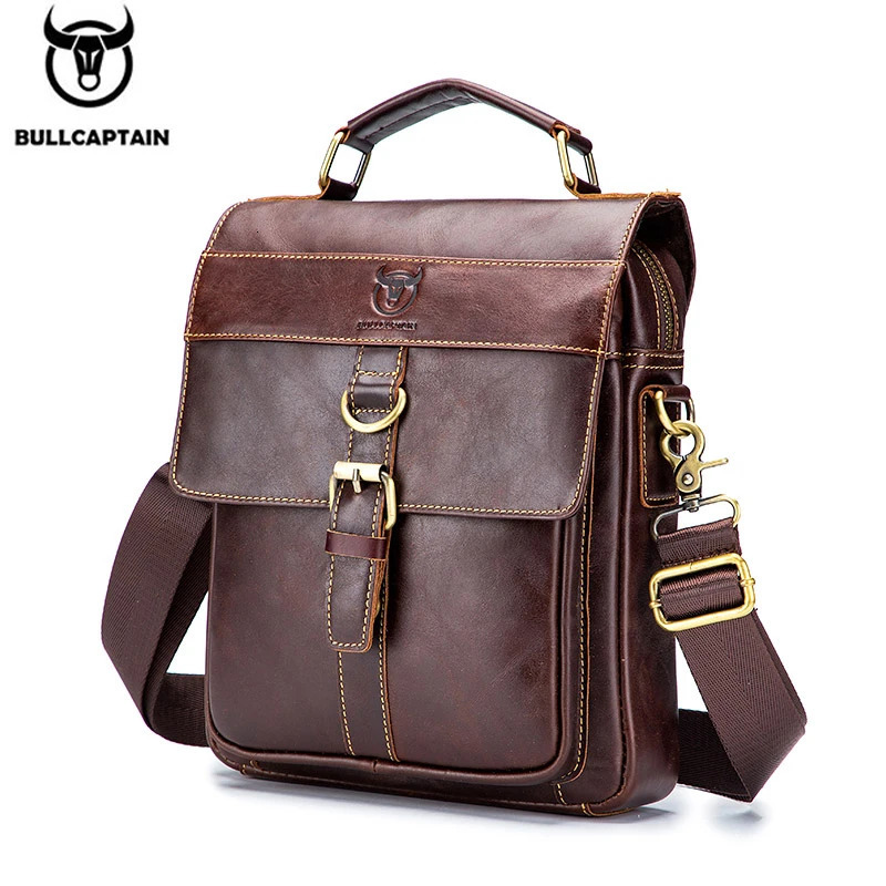 BULLCAPTAIN Mens Leather Shoulder Bag Retro Business Crossbody Bag Large Capacity Fashion Casual Youth Student Handbag 260305
