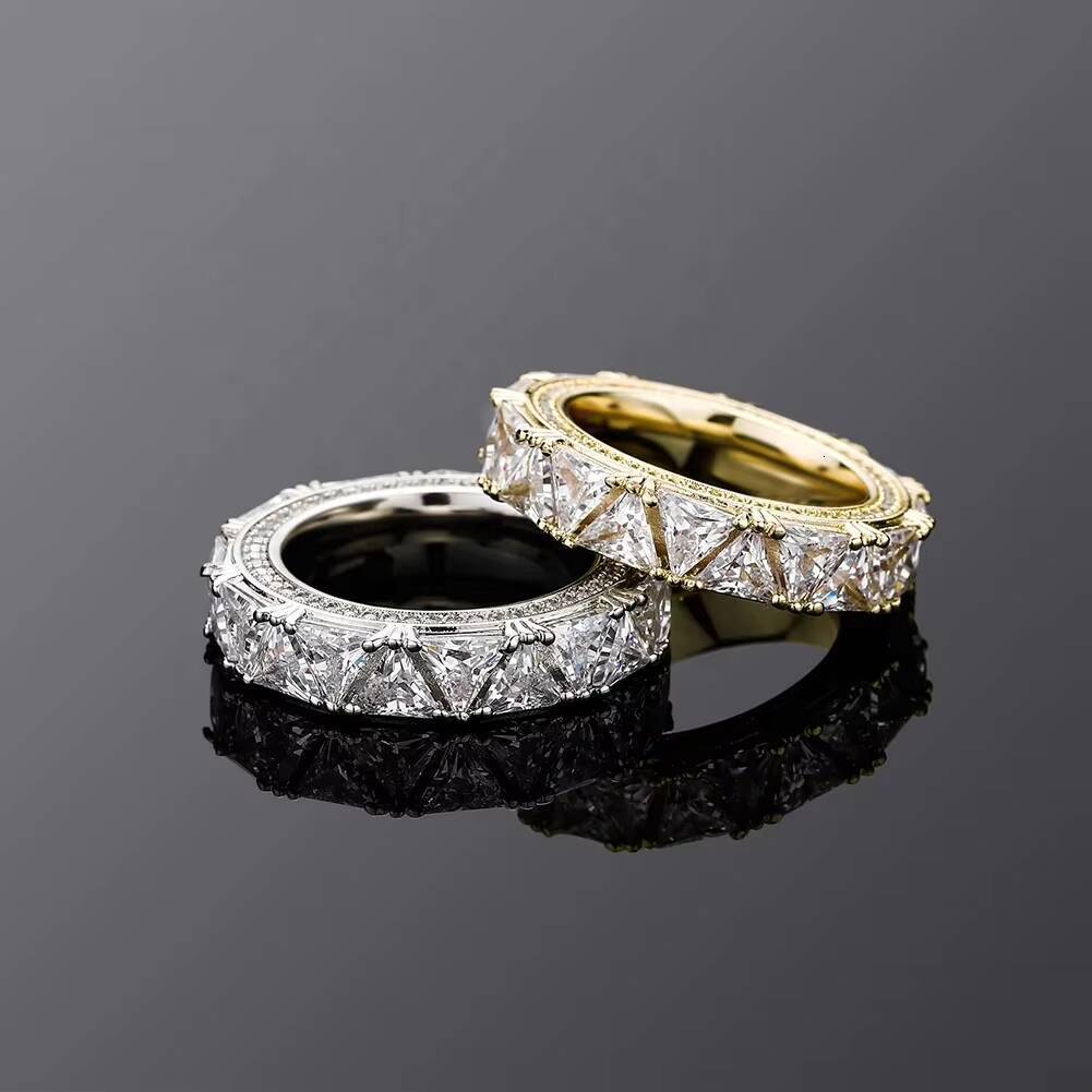 Fashion Jewelry Urban Men Women Hip Hop Brass Gold Rhodium Plated Iced Triangle Zircon Couple Ring Round Cut Wedding Rings