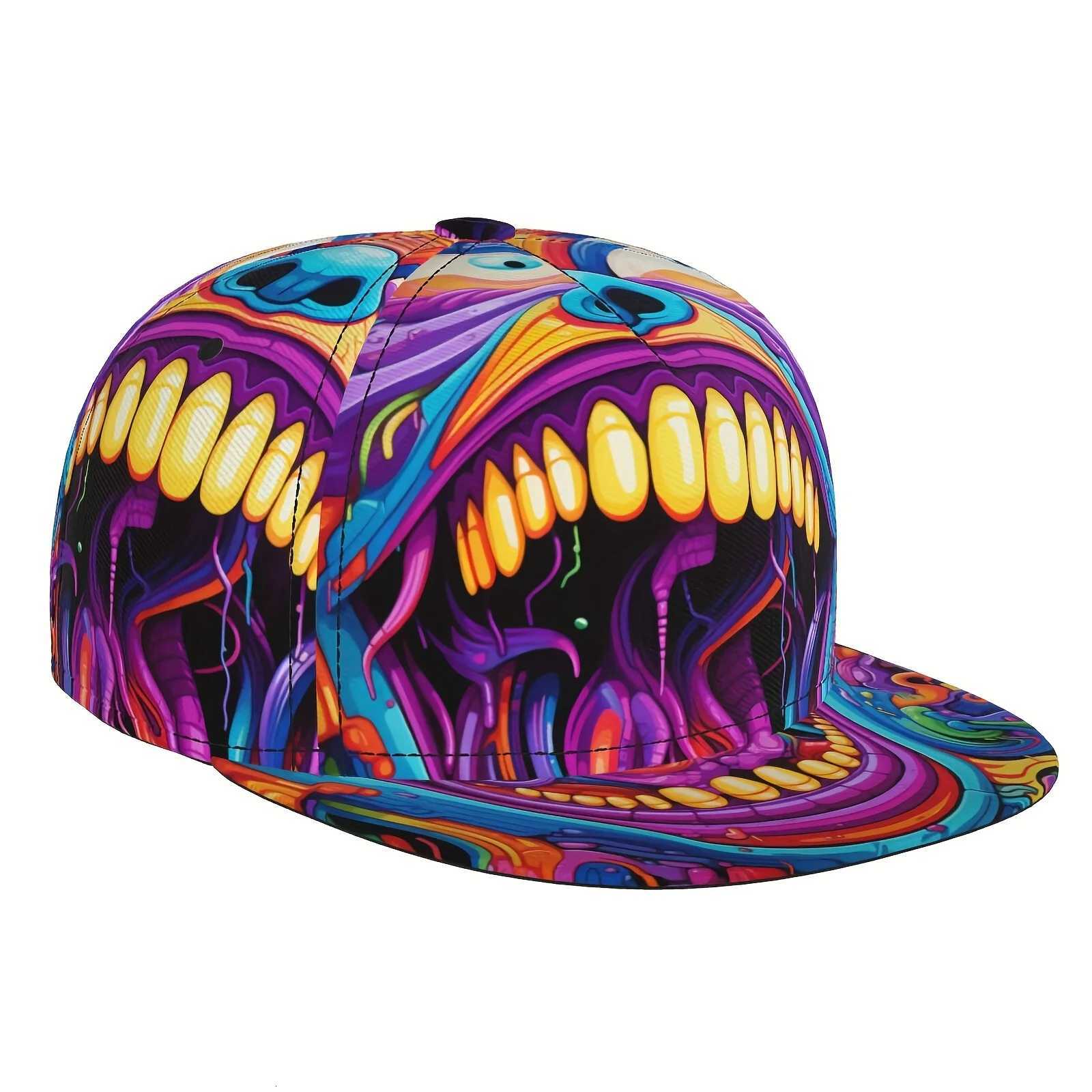Vibrant Graffiti Art Baseball Cap - Adjustable Snapback Hip-Hop Street Style Colorful Flat Brim Hat with Cartoon Mouth Design S260306