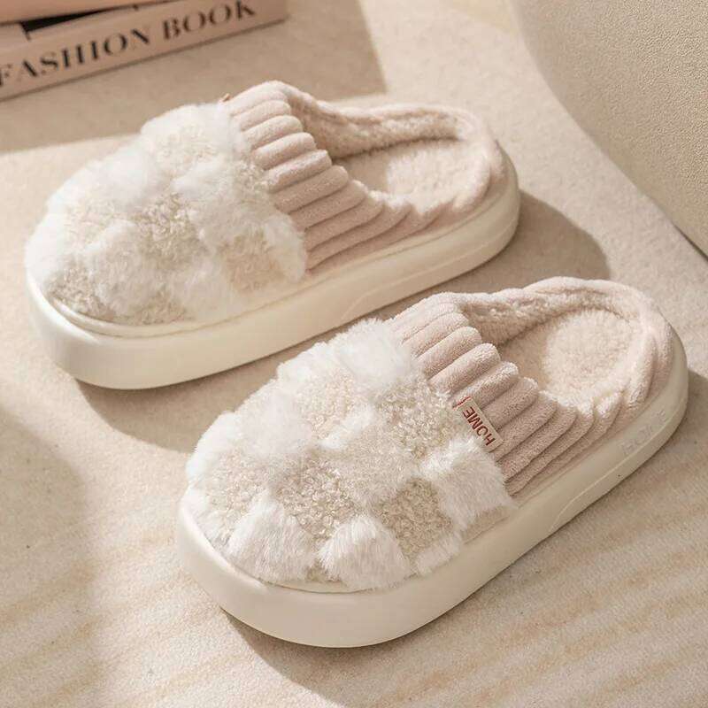 Litfun Winter Fur Fuzzy For Women New Pineapple Lattice Soft Sole Plush Shoes Non-slip Warm Home Fluffy Cotton Slippers