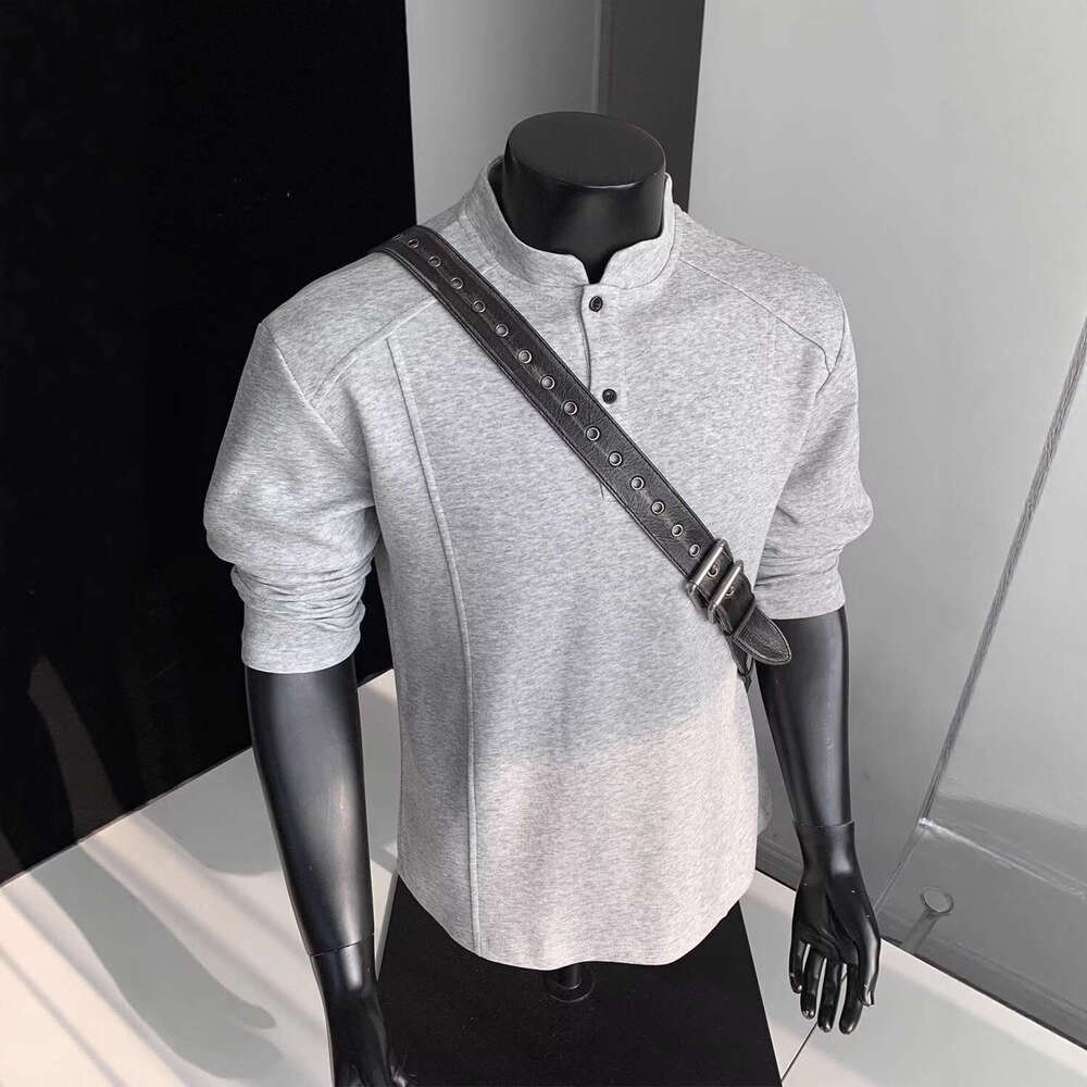 Light Gray Patchwork Deconstructed Henley Neck T-Shirt for Men, Spring and Autumn American Style Trendy Versatile Loose Polo Base Shirt Top