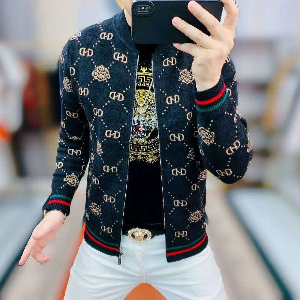 High Quality Autumn And Winter New Knitted Jacquard Men's Jacket Trendy Fashion Slim Cardigan Sweater