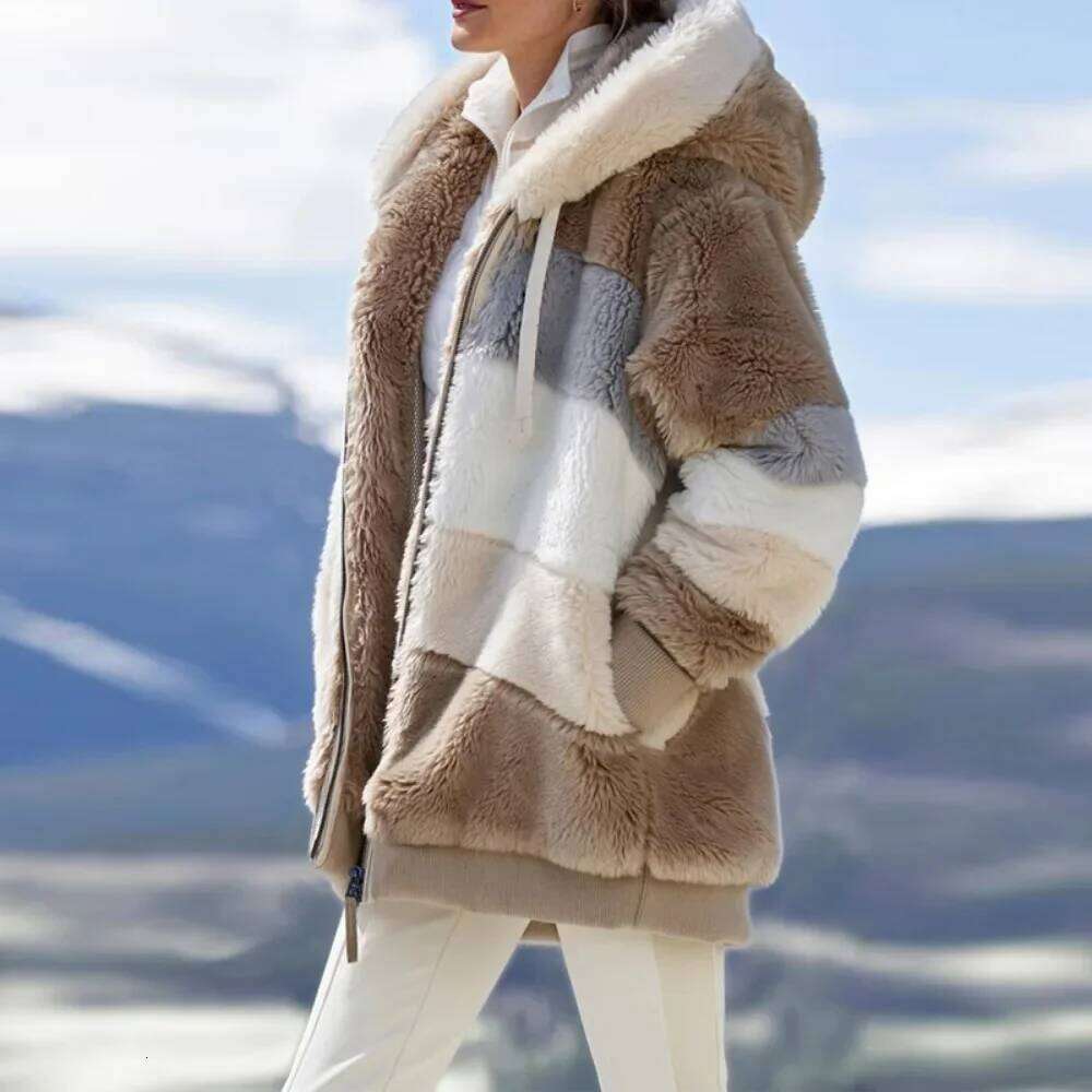 Winter Fashion Women's Coat 2025 Hooded Zipper Spliced Thick Cashmere Women Jacket Stitching Plaid Ladies Coats